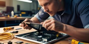 Professional technician fixing iPad not charging problem at repair shop